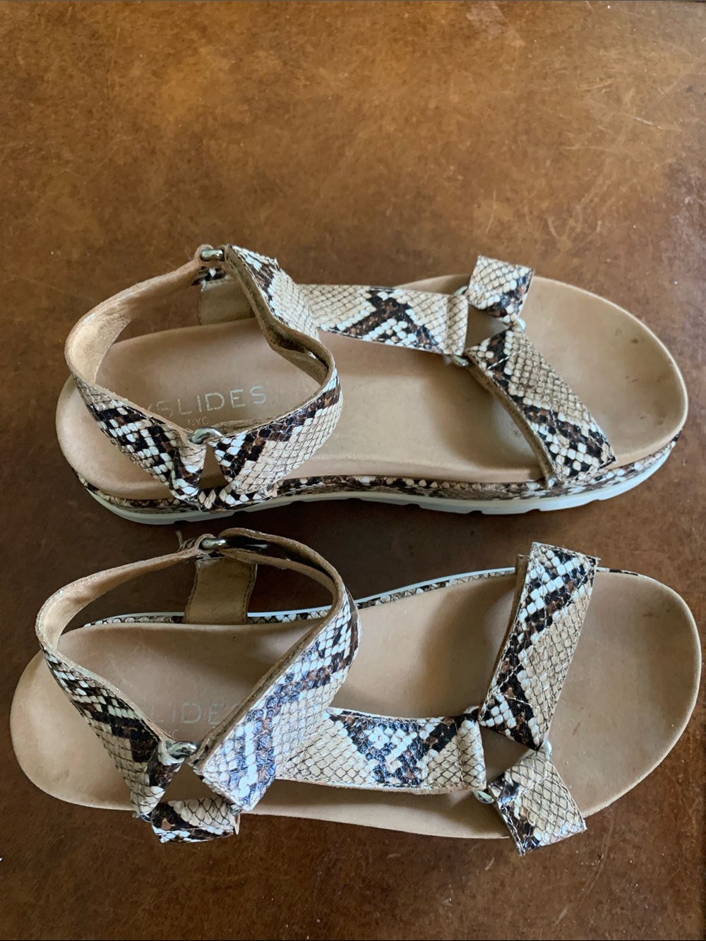J/SLIDES Snake Print Platform Sandals in Beige and Brown